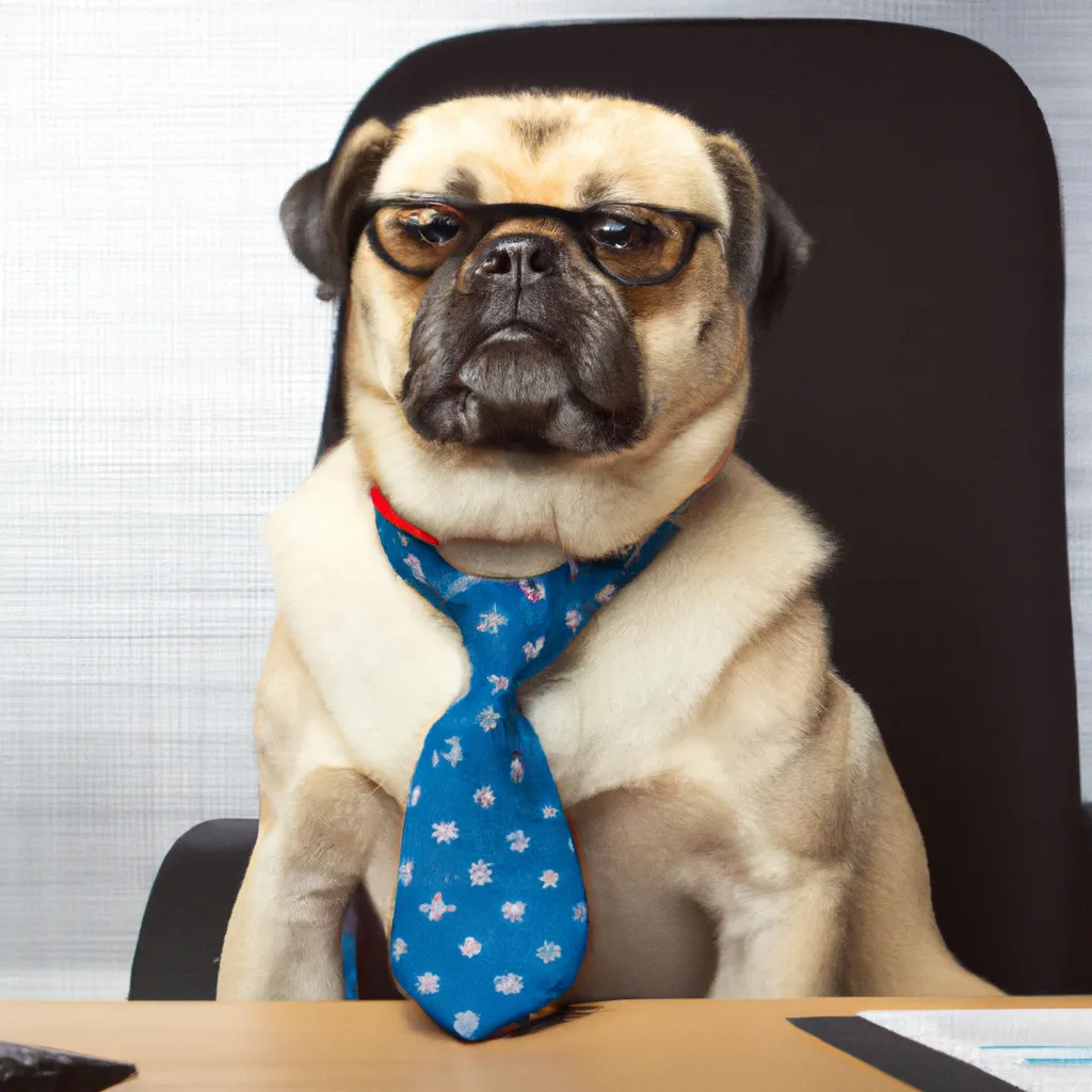 Prompt: funny pug with tie at a office job
