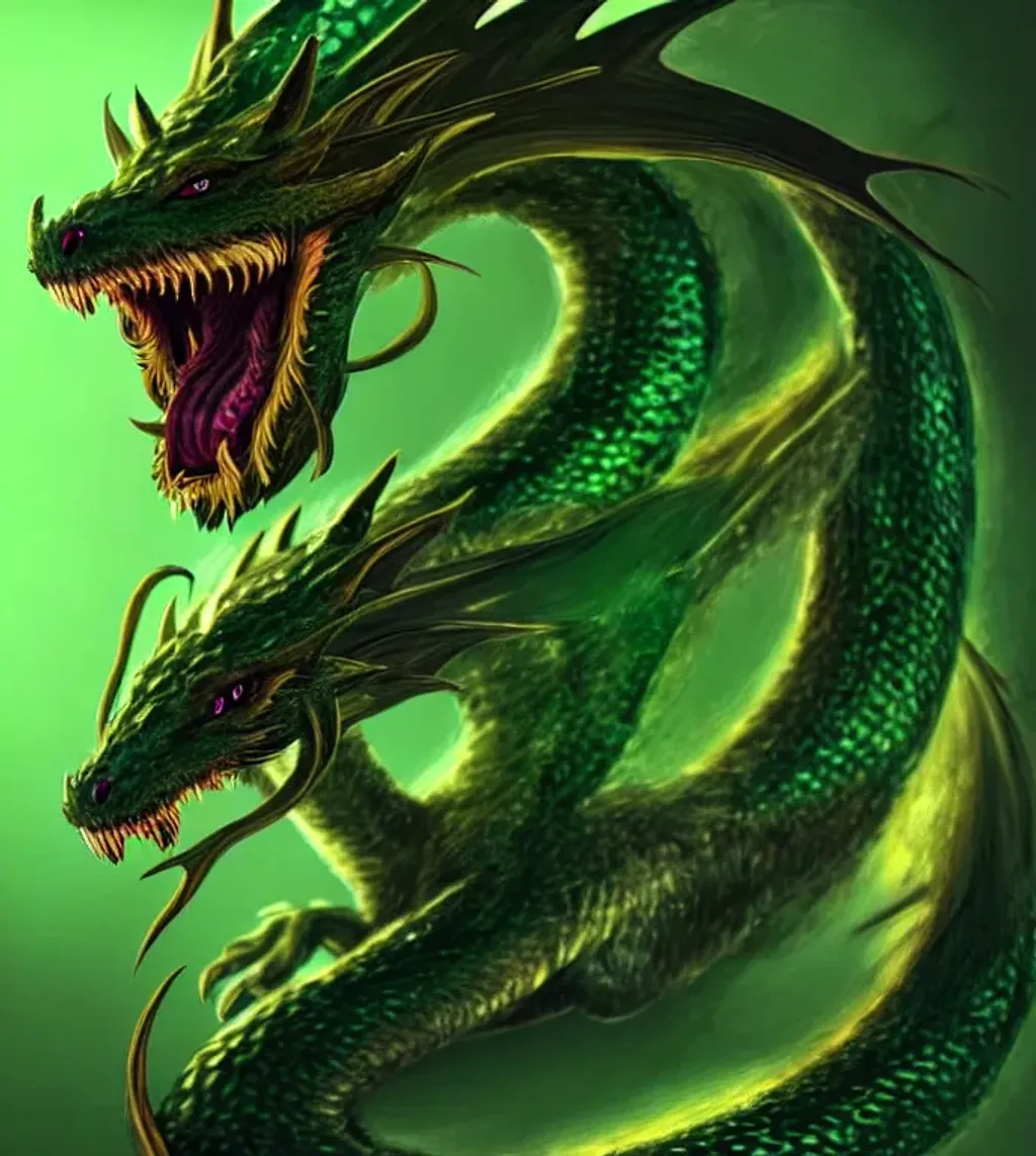Prompt: a beautiful dragon like mammal with a scary vibe with shard like thing coming from the placement of the ears with a forest green colored base and a bright shiny golden design across the body 
