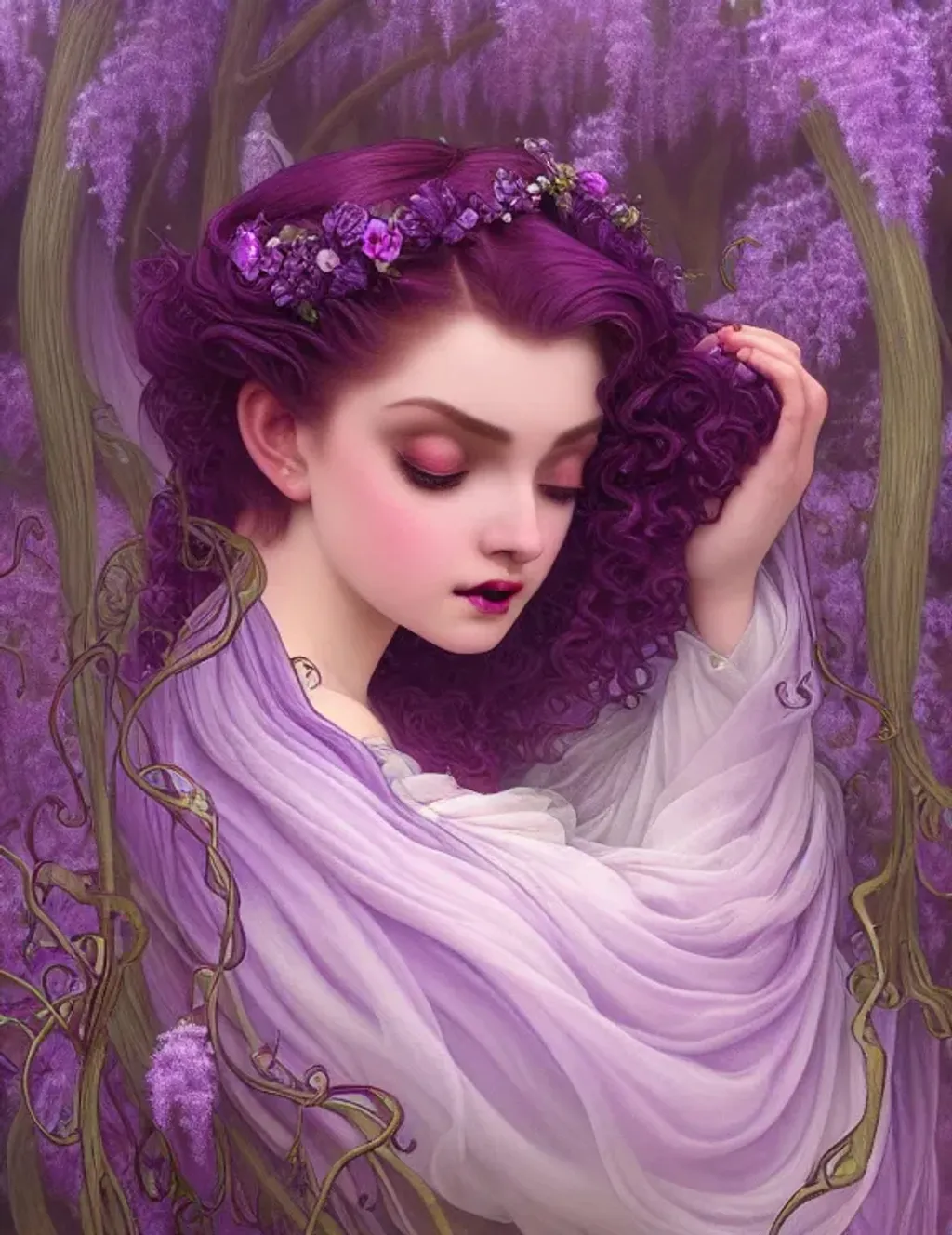 Prompt: An ethereal highly detailed painting of a beautiful fairy wearing purple flowing gown, full figured Rubenesque, perfect complexion, gorgeous face, cute little nose, perfect burgundy colored lips,
curly black hair, award-winning,  Cinematic fantasy atmosphere, weeping willow, full moon, cgi, artgerm, Alphonse Mucha