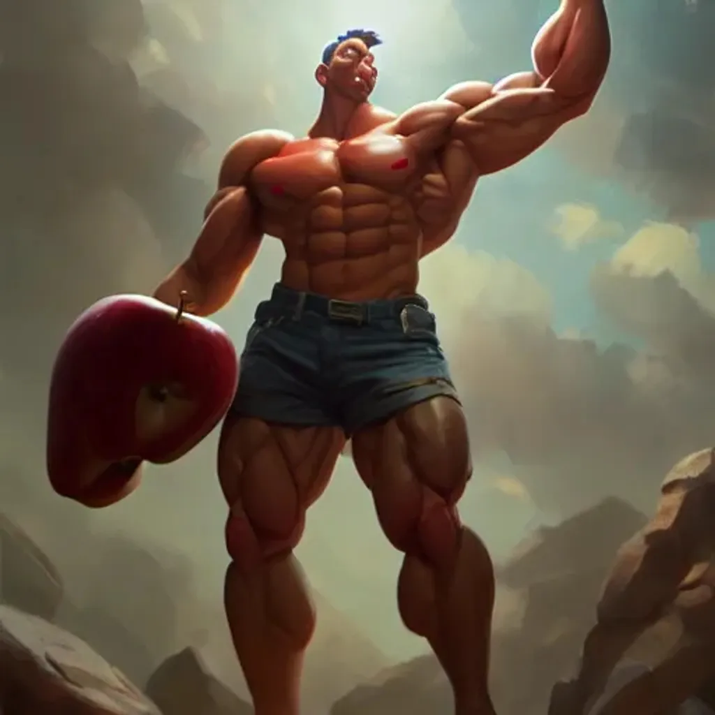 Prompt: A muscular apple flexing by krenz cushart, trending on artstation, 8k, oil on canvas, cinematic, epic composition an artistic, dramatic lighting, 4k, octane render hd cgs