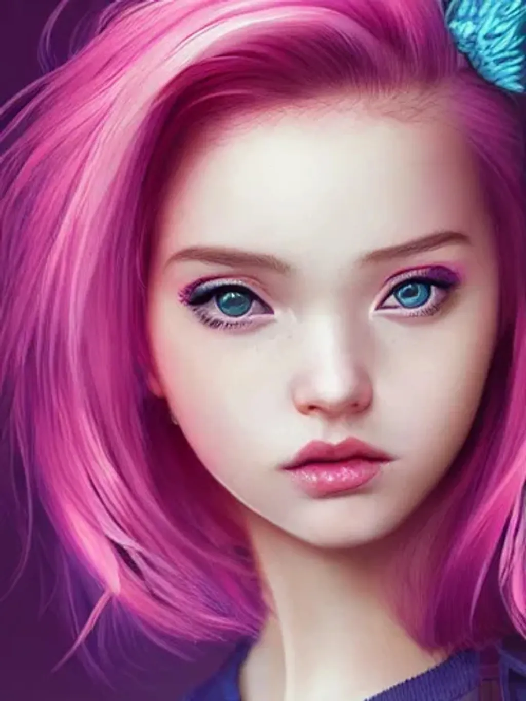 Prompt: Portrait of girl with pink hair and with cute face, cyan background, perfect composition, hyperrealistic, trending on artstation, studio photo, intricate details, highly detailed, by ArtGerm
