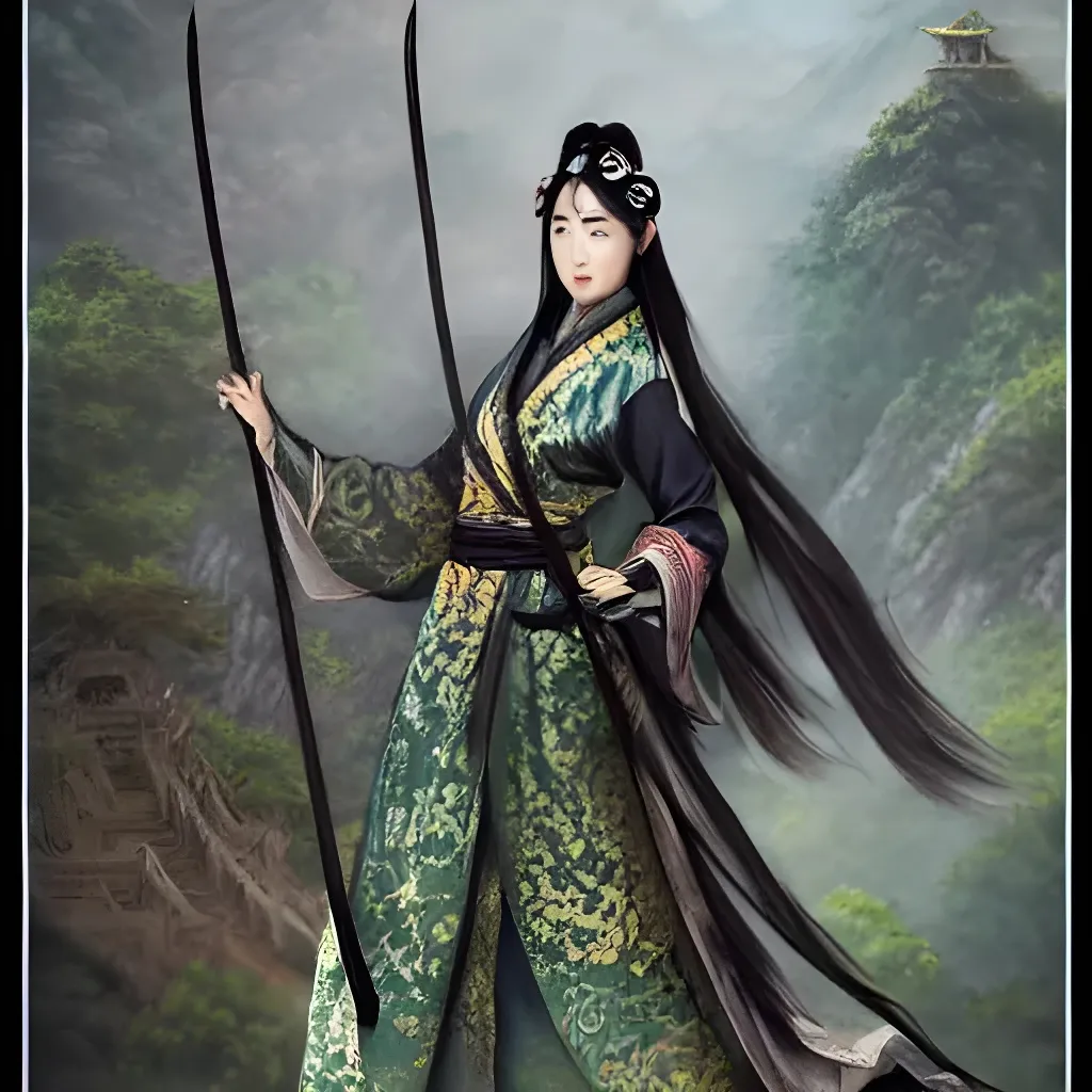 Prompt: An epic fantasy wuxia illustration portrait of a beautiful Chinese female cultivator wearing military hanfu doing a sword dance in the rural mountainside, full body XIANXIA, manga, Chinese temple, intricate linework, depth of field by Yoji Shinkawa 4k -n 4 -i, pi, artstation, pixiv, artgerm, unreal engine, masterpiece, bright colours, high quality