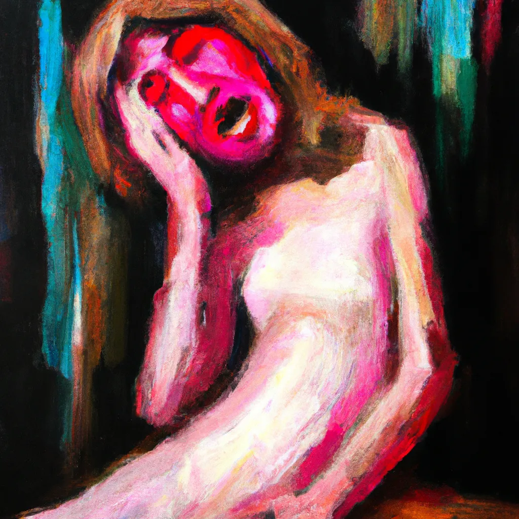 Prompt: oil painting, distorted face,distorted female body, horror, dark background, crying, vomiting,pain, agony