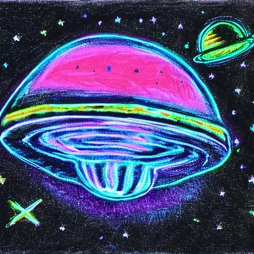 Prompt: UFO flying around on the moon, pastel chalk, ultra sycodelic black light colors