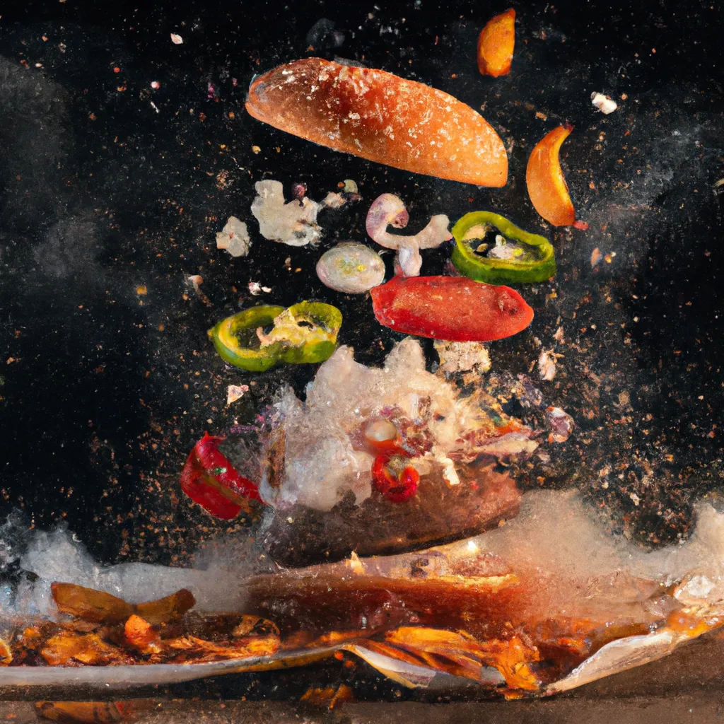 Prompt: Cinematic photography of exploding whopper burger king, displacing ingredients, steamy, splashing fire, onions and cheese falling, high speed, food photography.