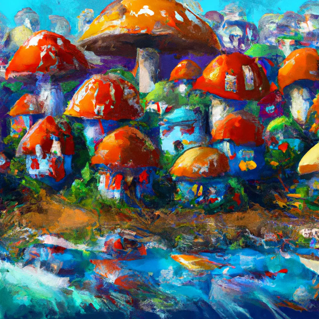 Prompt: village of mushroom homes, huge mushrooms, house-sized mushrooms, digital art, mushroom city, Teal and orange ocean, contrasting colors, triadic colors, splash art,  by Leonid Afremov and Andy Warhol and Scott Naismith