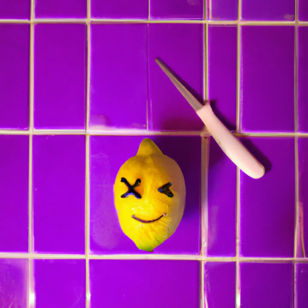 Prompt: a chibi lemon with face and knife. red toothpaste. Rule of thirds. very sharp, photography. in a corner of a violet, harmonious, geometric, symmetrical, very square mosaic tiled room. Perfect bright Lighting. illuminated by Three-point lighting