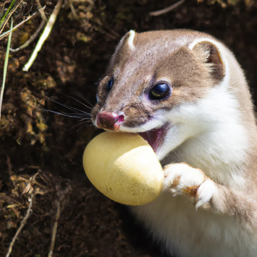 Prompt: photograph of a weasel eating an egg