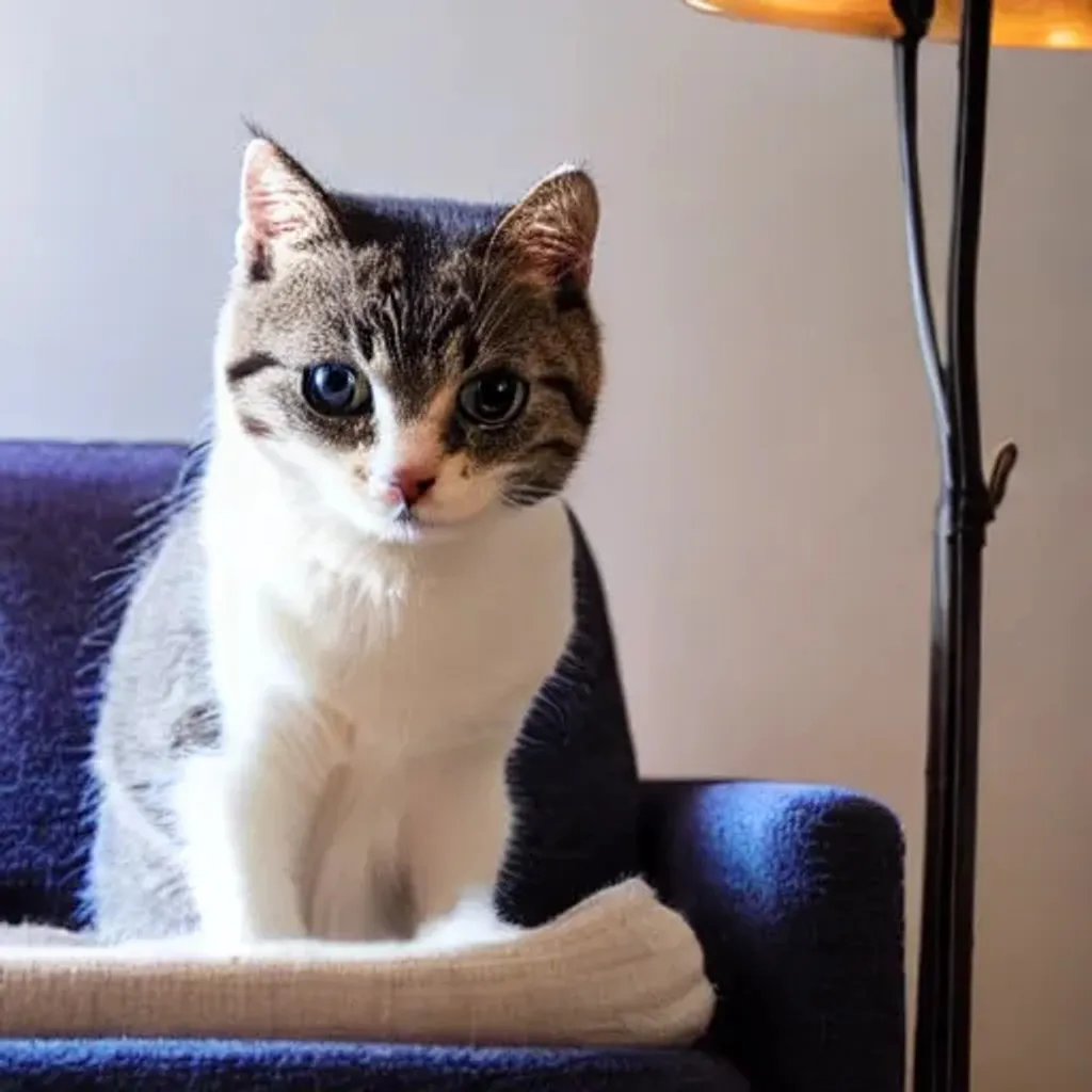 Prompt: Cute Cat sitting on a Sofa, in a Luxury house with a Lamp on side table