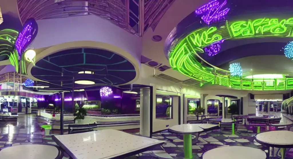 Prompt: retro 80's vaporwave aesthetic mall foodcourt with black and white tiles, green and purple neon lights, a central fountain, palm trees, deciduous trees, and restaurant seating, ultra detailed, fuji film, nostalgic aesthetic, hdr quality, 