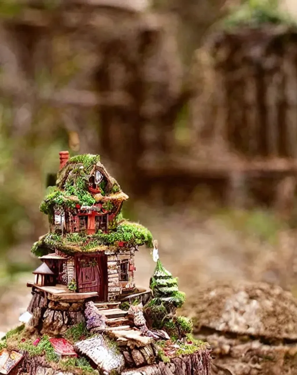 Prompt: small village on top of a stump forest fantasy fairytale