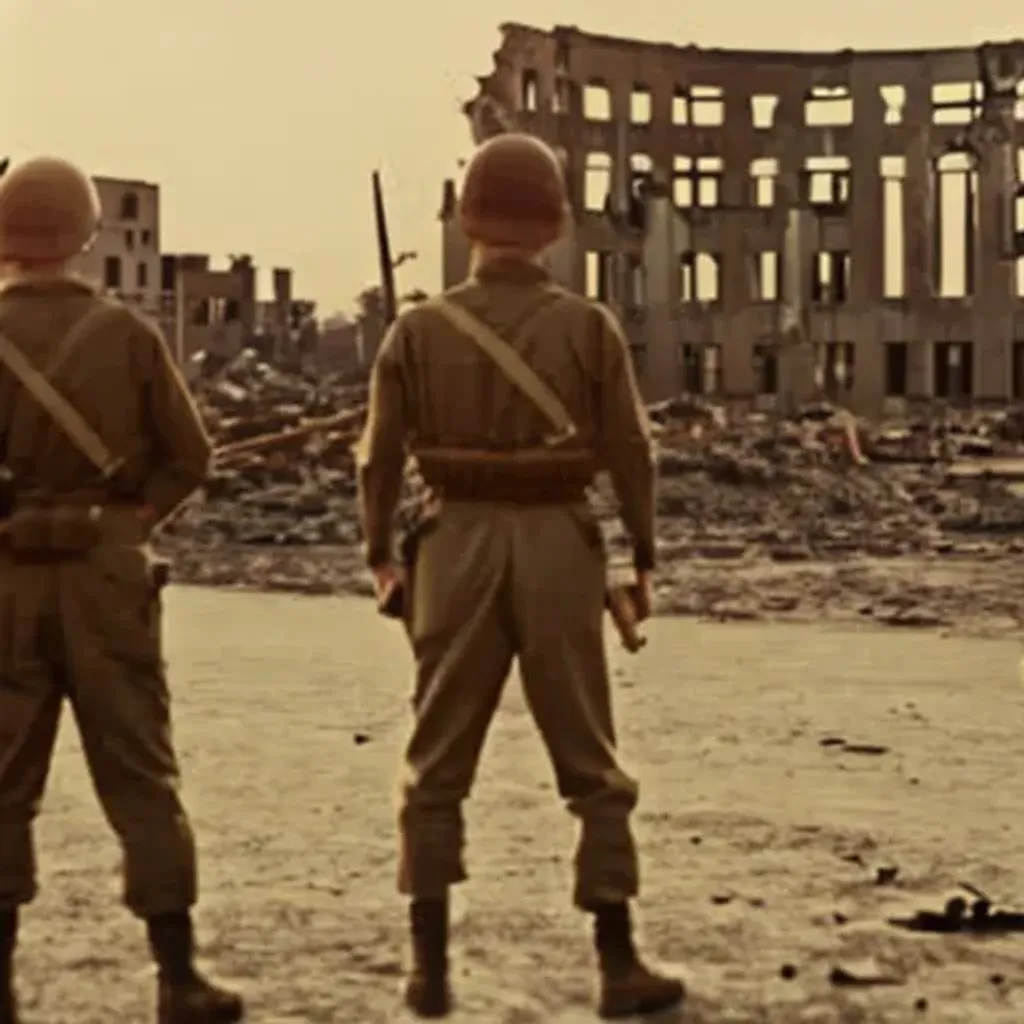 Prompt: Ww2 Japanese soldiers stand Infront of destroyed Hiroshima with sunset 8k resolution old vibe.