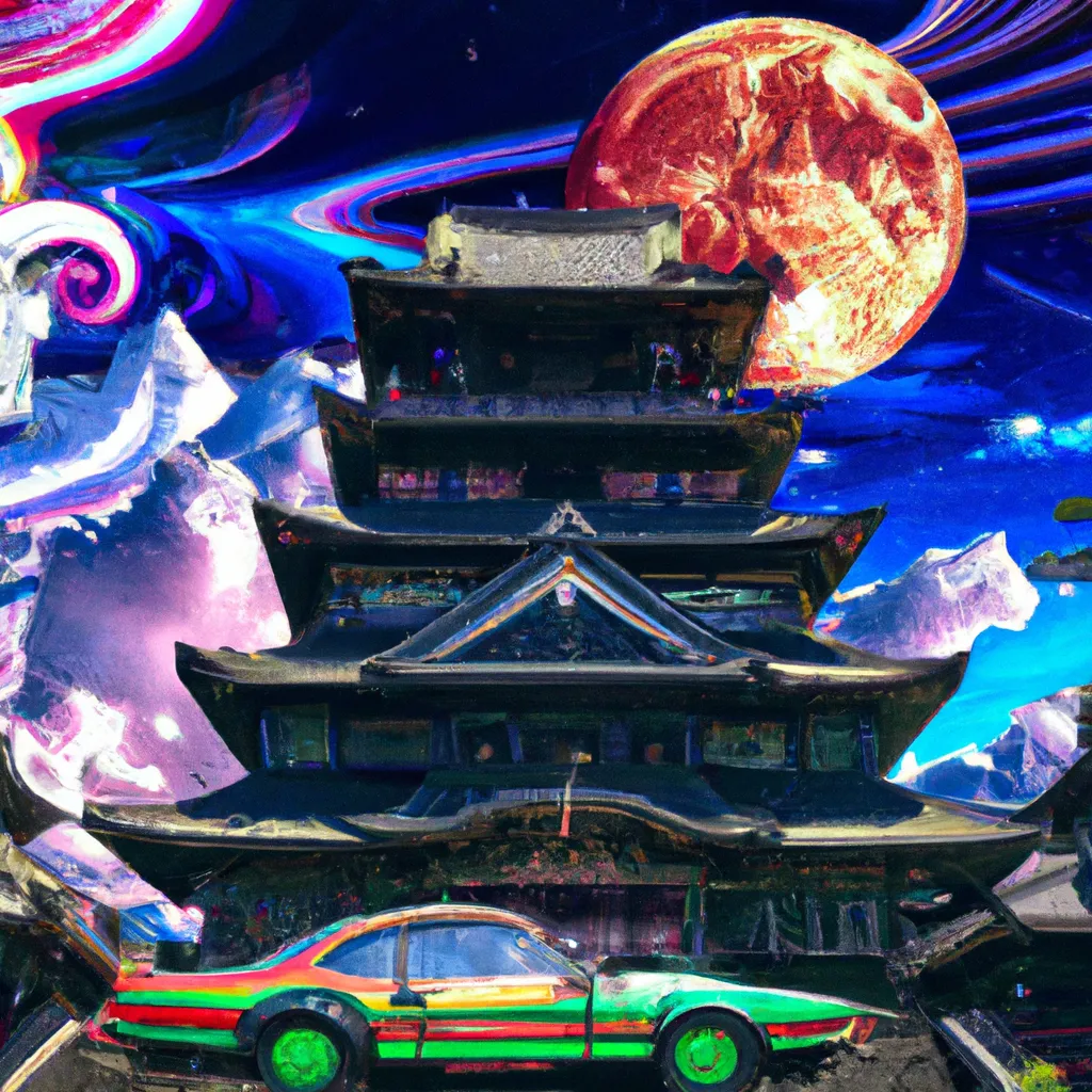 Prompt: a hypnotic view of imperial japan, red japanese building, colorful spiral galaxy, vaporwave and synthwave, gorgeous vintage sports car, blue hiroshi nagai clouds, golden giant crescent moon in the background, intricate, insane level of detail, hyper-detailed, cinematic, inspiring composition, nostalgia and abstract, photograph