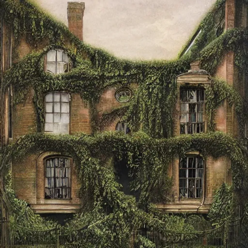 Prompt: Abandoned Edwardian homes in Wellington New Zealand, Photorealistic, hyper detailed, lush, Gustave Doré, ivy covered 