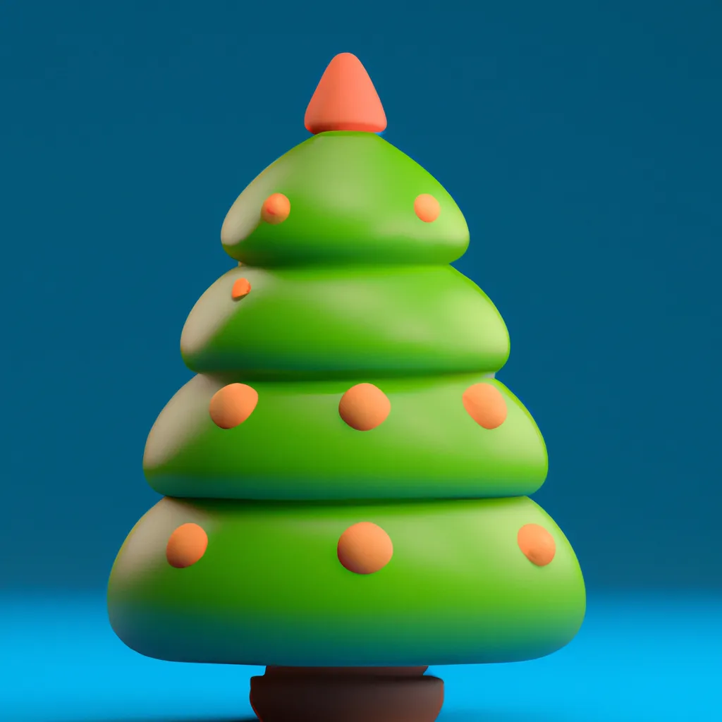 Prompt: 3D render of a cute rounded green christmas tree in a clay style, frontal view, blue background, substance 3d painter, blender, smooth texture, warm lighting, high resolution, trending on behance.net, by Nintendo