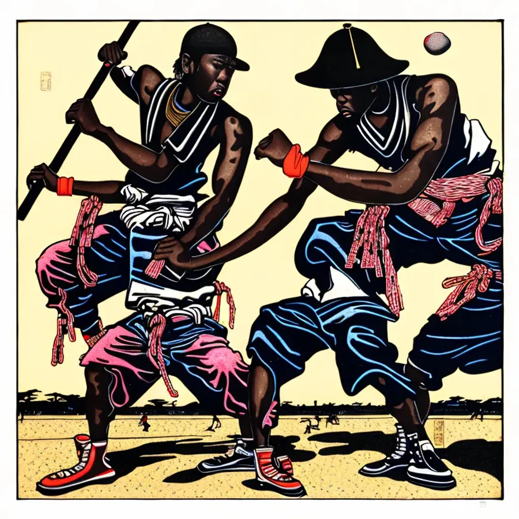 Prompt: A hip hop battle between several African Americans dressed as Samurai with baseball caps on, ukiyo-e, woodblock print, urban setting, beach setting, photograph, gritty, highly detailed, photorealistic, 80mm lens, over the shoulder perspective, vivid lighting