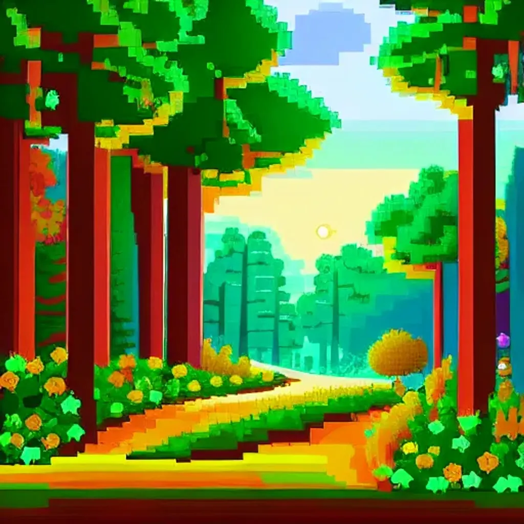 Prompt: cute forest landscape, pixel art illustration, bright colors by Matej Jan