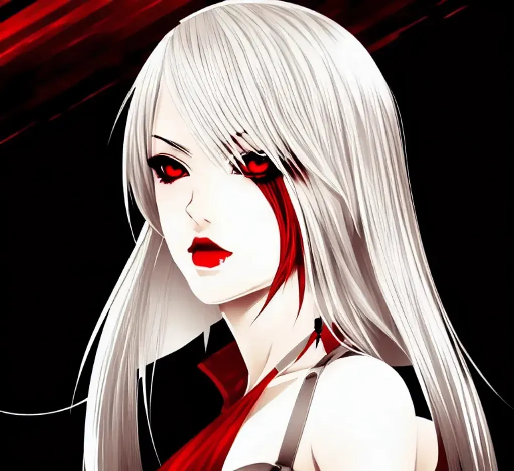 a woman with red eyes and blonde hair, half body com... | OpenArt
