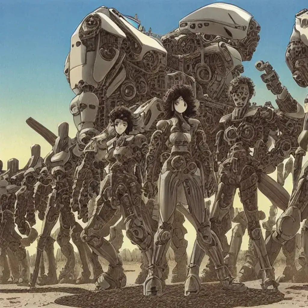 Prompt: Woman with thicker build dark curly hair and Man with long dark brown hair and chin-beard with longcoats standing in alien dessert standing next to military mech suits, by Makoto Kobayashi, by Moebius, by Jean Giraud, manga, anime style, 80's, Intricate, Hand drawn, concept art, grainy color, dim lighting, Anime Key Visual, beautiful composition