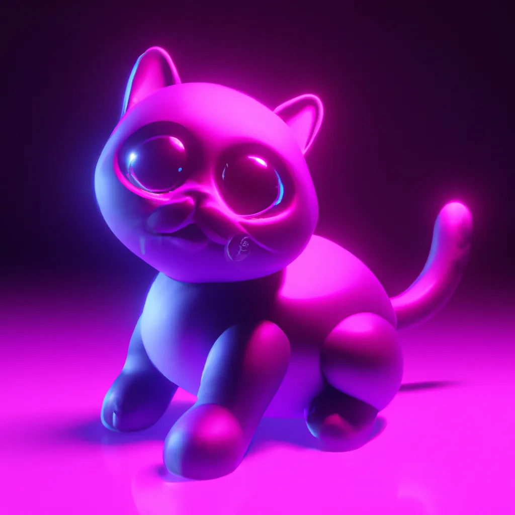 Prompt: Very cute cat with cute face with pink and purple lighting beside the cat 3d render