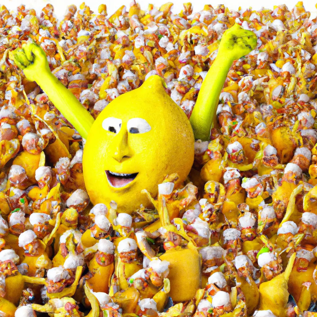 Prompt: 3-D, Photo-Realistic, Laughing Giant Lemon surround by huge crowd of, joyus, cheering, dancing, lemon admirers
