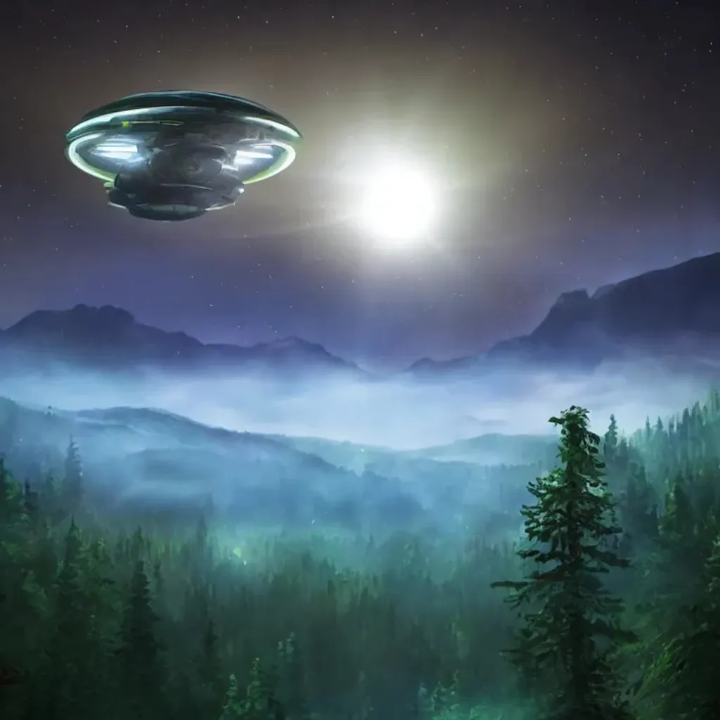 Prompt: an alien spacecraft landing. at night in a forest clearing with mountains on the horizon ,  ultrarealism , highly detailed digital art 8k ultra hd 