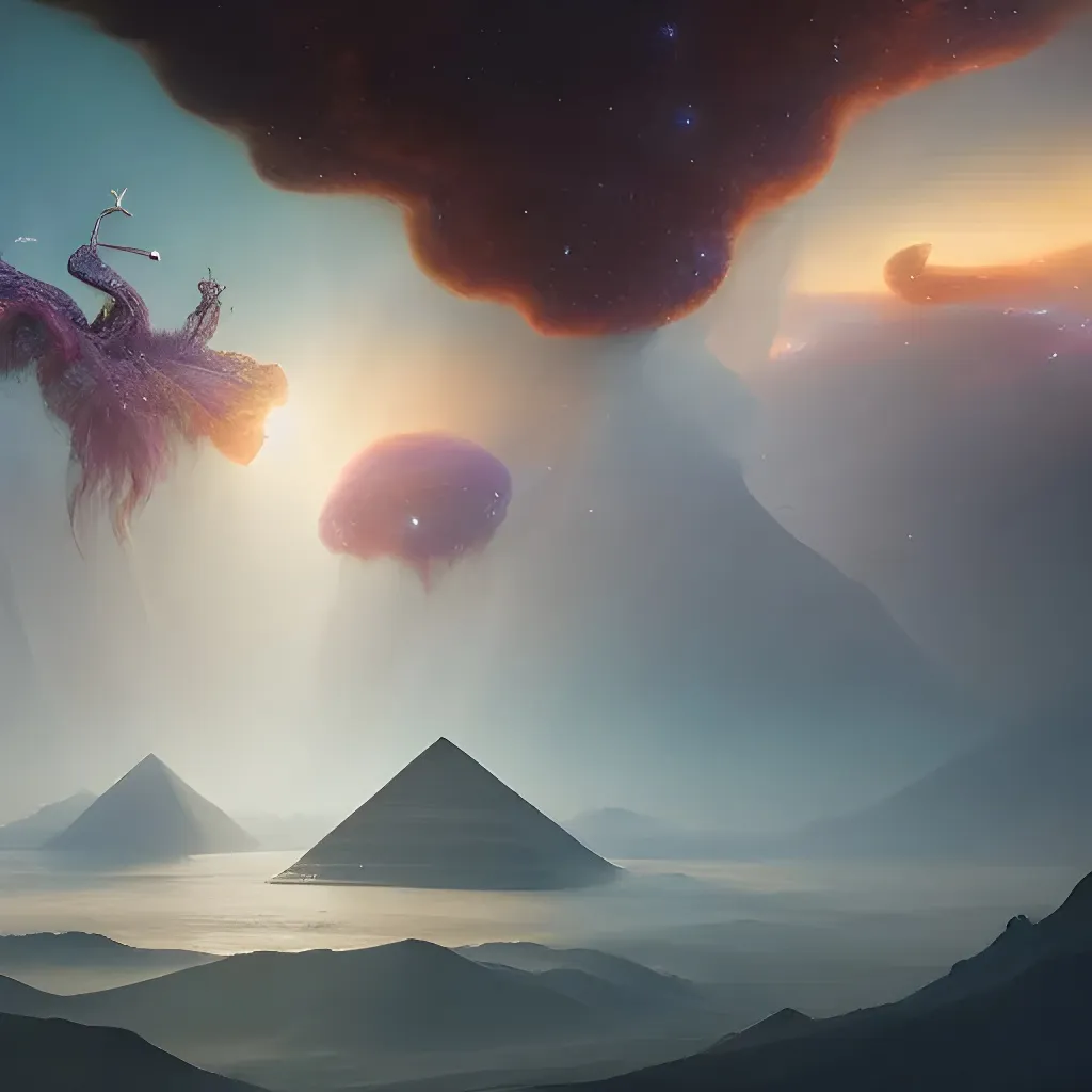Prompt: beautiful detailed cgi matte painting Egyptian space emperor of the andromeda, by ellen jewett, alessio albi | symmetrical features, ominous, alluring, vivacious, realism, intricate, ornate, royally decorated, organic, growth, whirling nebulas, glowing particles, colorful adornments, colorful torn fabric, radiant colors, 4k