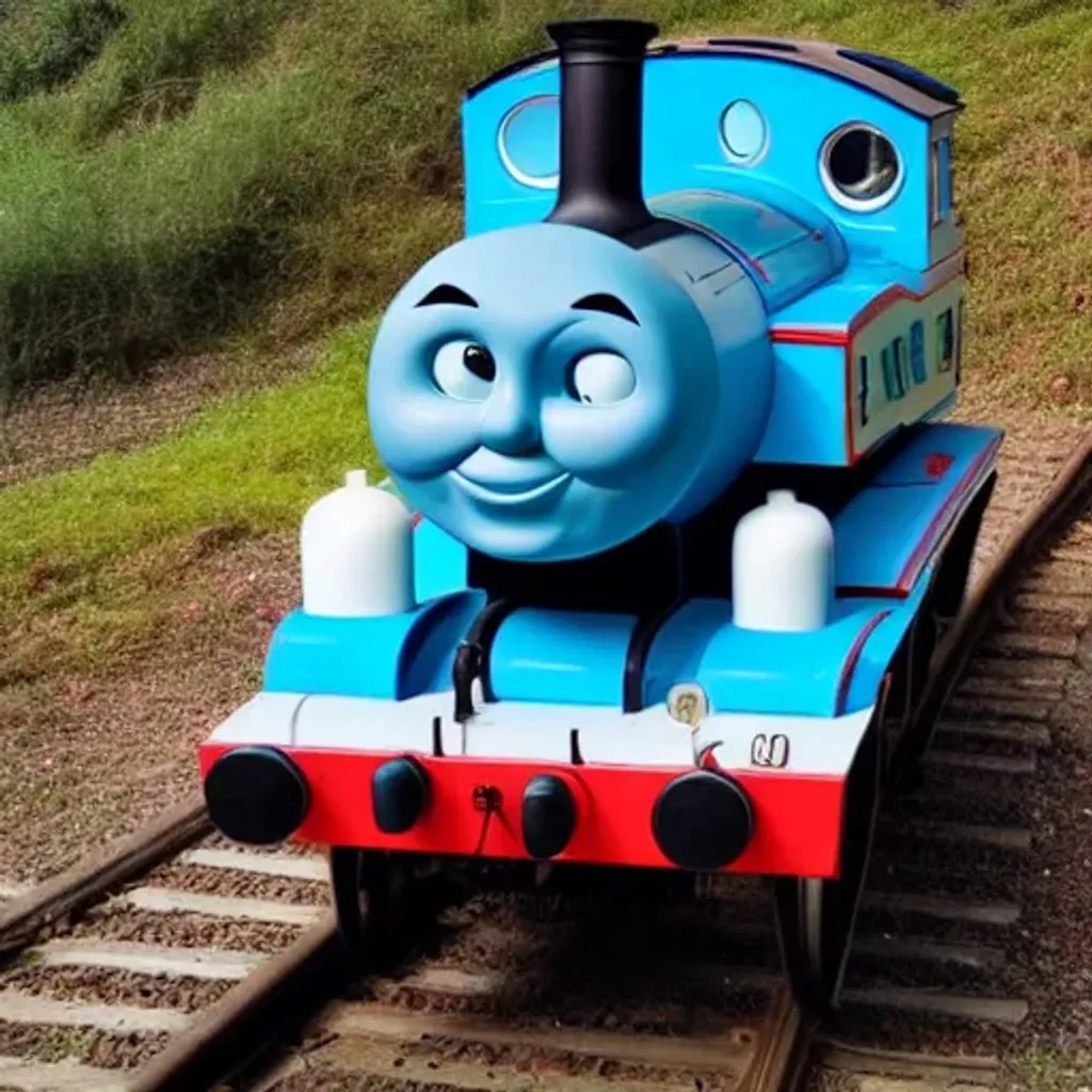 Prompt: Thomas the tank engine, open mouth, very realistic, big eyes, highly detailed