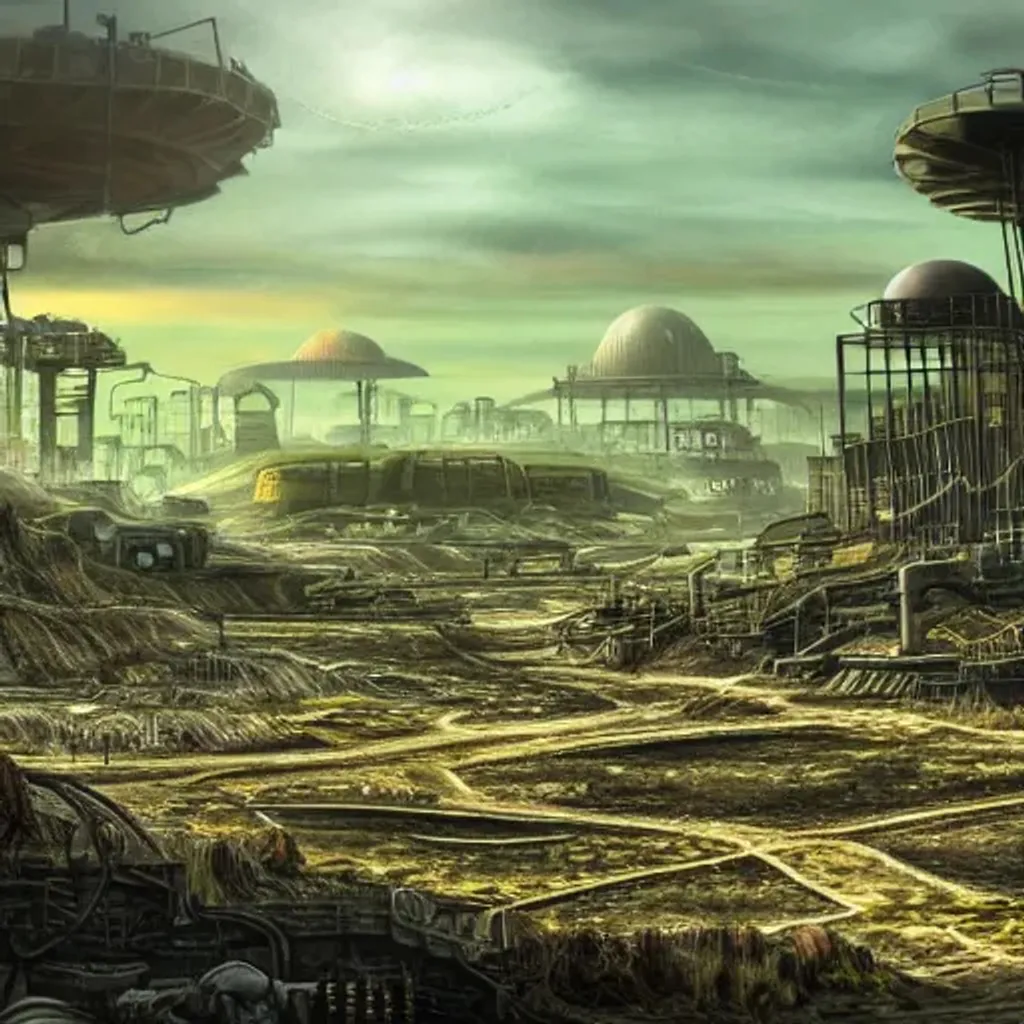 Prompt: How does your dystopian wasteland look, toxic waste Land scenery landscape,hd, smooth detailed design,