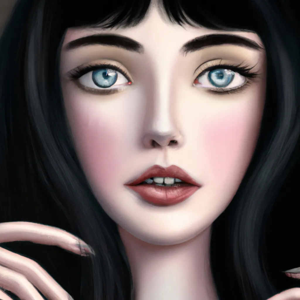 Prompt: Digital portrait of a beautiful woman with big blue eyes and bags under her eyes, black long hair and pale skin, digital art, 3D digital oil painting