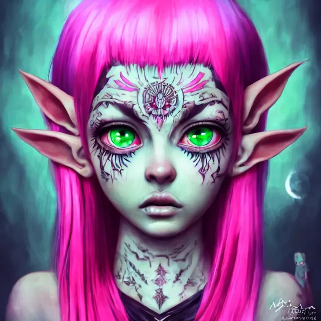 Prompt: Beautiful girl with big wide eyes, tribal face tattoos, long pointy elf ears, bubblegum pink hair, green sparkly eyes, third eye, front view, symmetrical, hyper realistic, soft lighting, intricate detail, life like detail, creepy kawaii art by Mai-jai, smooth detail, digital art, professional artist, fantasy, anime