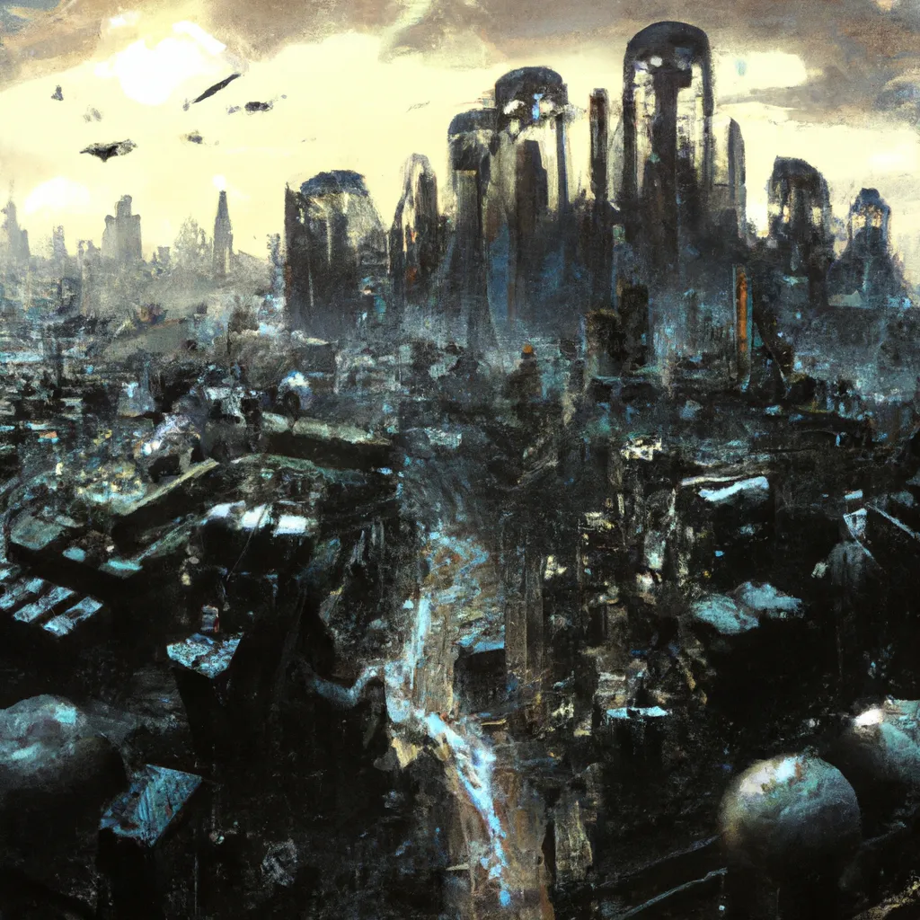 Prompt: Dystopian wasteland izbulbi by yusuke murata and masakazu katsura, artstation, highly-detailed, cgsociety, pencile and ink, city in the background, dark colors