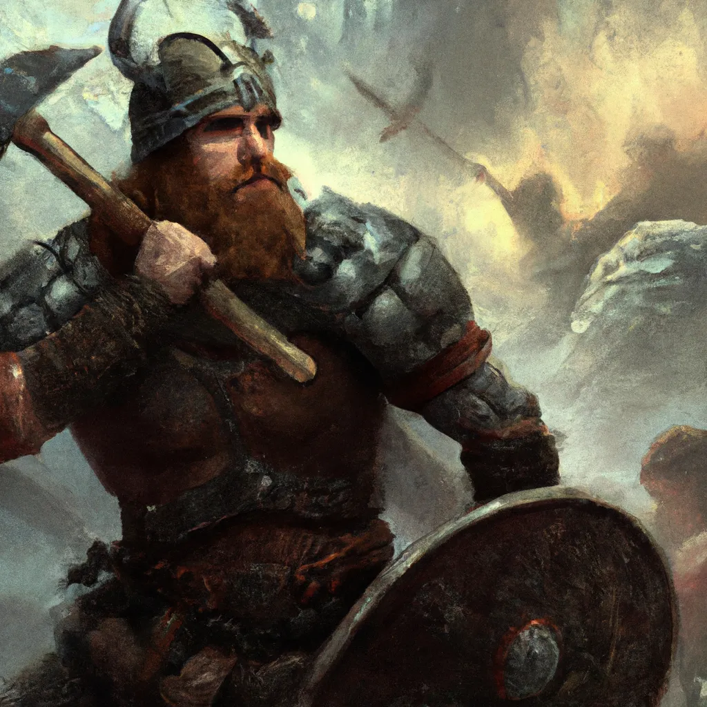 Prompt: a beautiful, violent painting of a highly detailed Viking warrior slashing axes at a foe. Burly warrior with tattoos and a long beard, painted by john Williams Waterhouse, concept art, award-winning, trending on art station, 8k