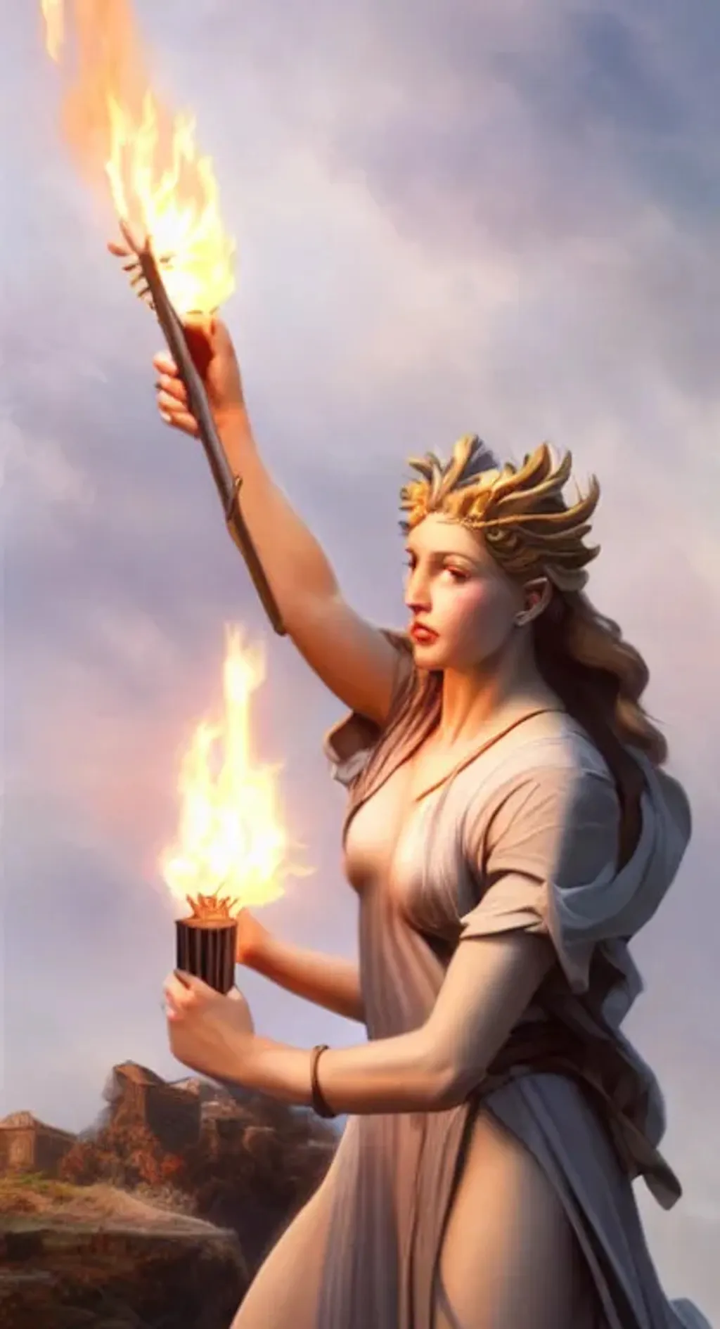 Prompt: a painting of a woman holding a torch, a statue, cgsociety, still image from the movie, greek mythology characters