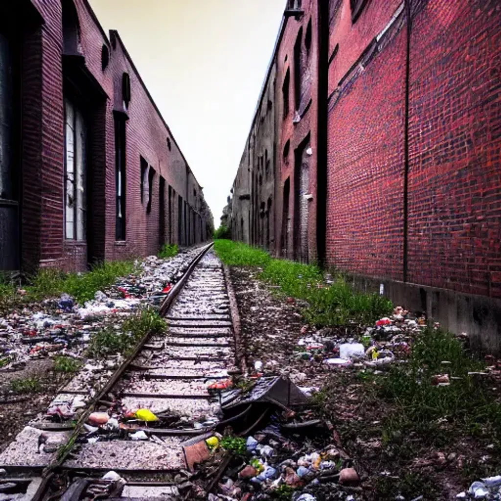 Prompt: abandoned railway in city alley, concrete ground with garbage, brick buildings, low light