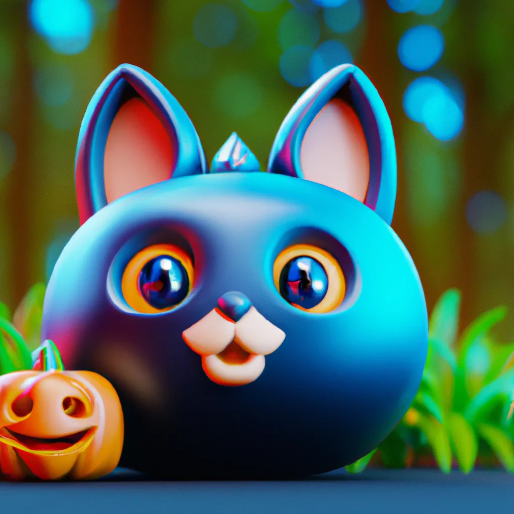 Prompt: cute 3D render of a colourful pumpkin head in a clay style, glowing eyes, with black witch cat, frontal view, blue spooky forest background, substance 3d painted, blender, smooth texture, high resolution, trending on behance.net, by Carlos Behrens