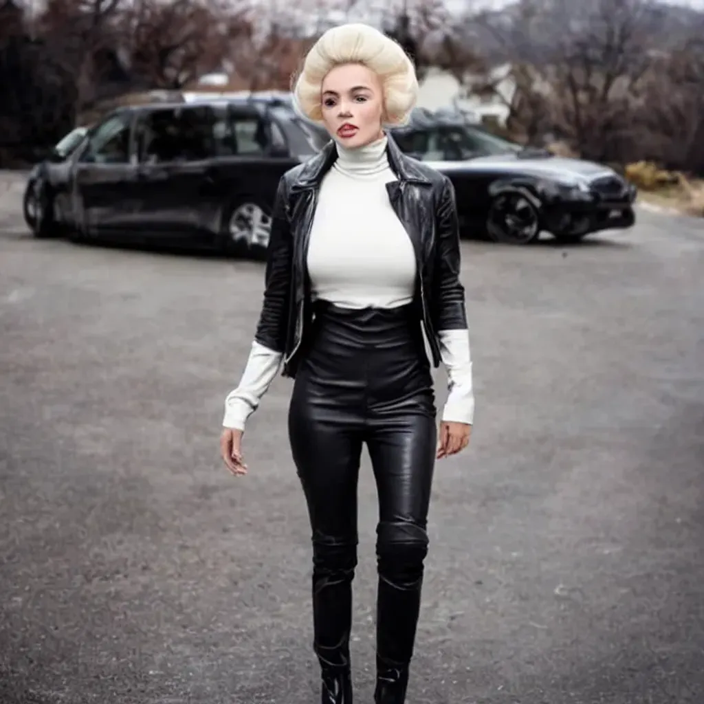 Prompt: A woman with blonde beehive hair, a turtleneck top, a leather jacket, and leather high waisted pants with boots, with blurred black cars in the background.