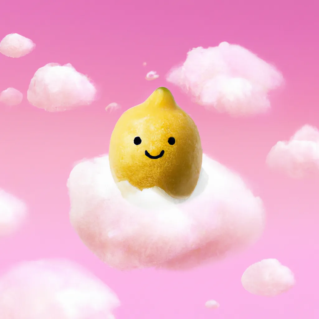 Prompt: A cute lemon smiling sat on bubbly pink clouds high resolution