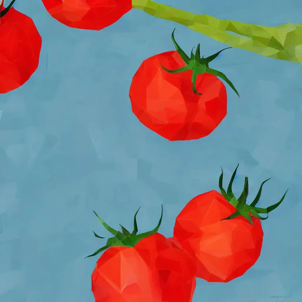 Prompt: Tomatoes, Low poly modern art, contrasting colours, brush strokes