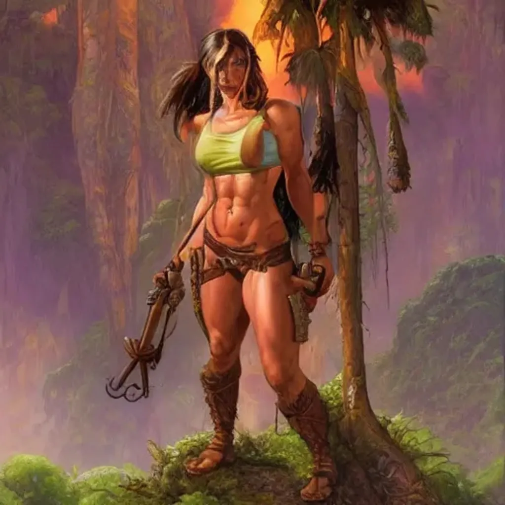 Prompt: muscular beautiful, european lara croft, bright jewel colors, wearing armor tombow artwork greg staples, frank frazetta, dug stanat, norman rockwell , christophe young, eytan zana , rumiko takahashi , centred , symmetrical , denoised, grandious jungle river valley adventure