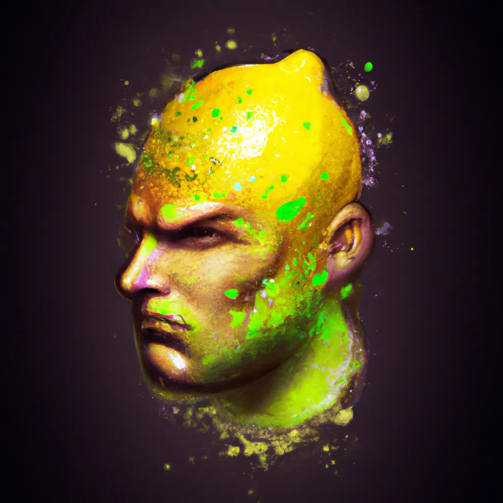 Prompt: lemon by Ben templesmith, octane render, superhero portrait of black light paint, splashes of colors, comic book art, sculpture, yellow and orange and green, manly, lemon shaped, lemon head, leaf coming out of top of head, smug, colour splat