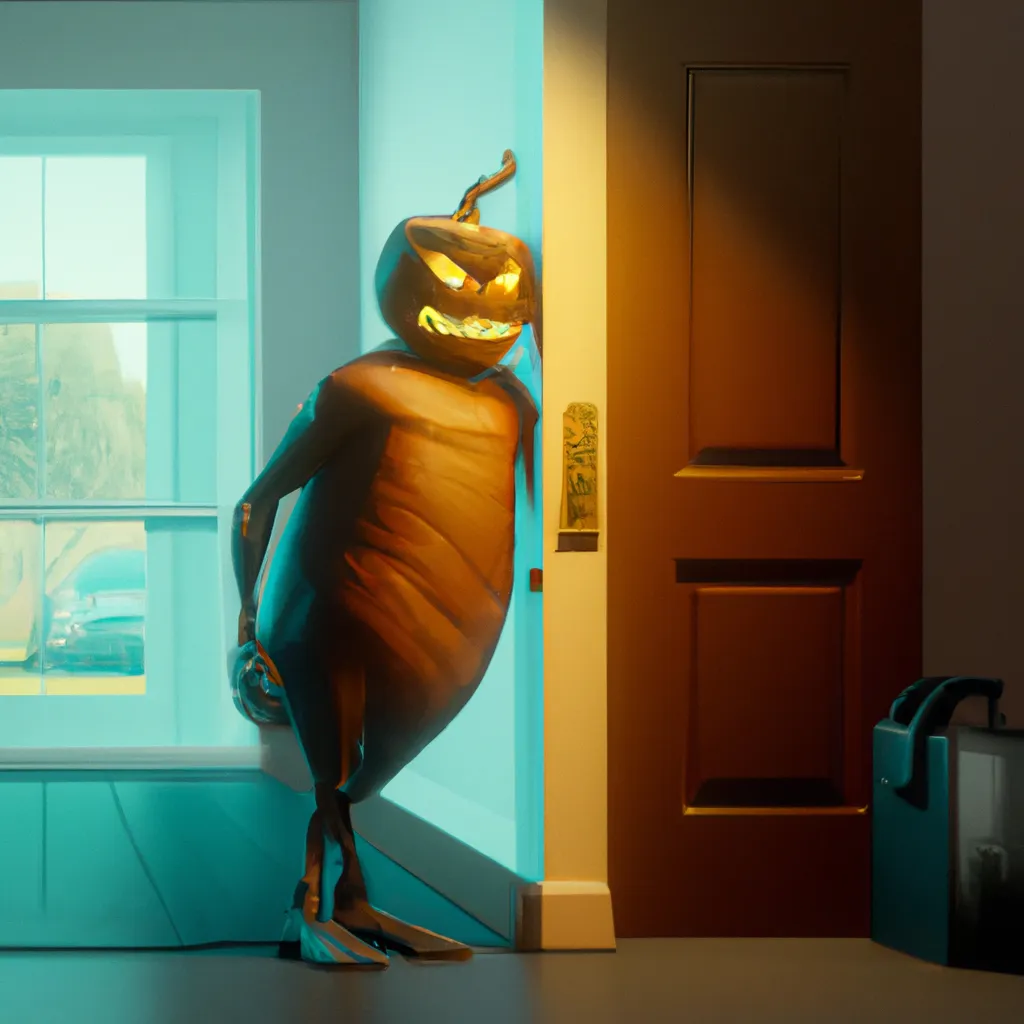 Prompt: side view of Jack-o'-lantern as a personification character, standing, leaning against the door, relax, holding one candy, trick or treat, glowing eyes, dark fantasy, realistic, illustration, digital art, negative vibes, cold temperature, creepy cinematic art, medium shot, perfect composition, 8k, trending horror art, zbrush, realistic painting