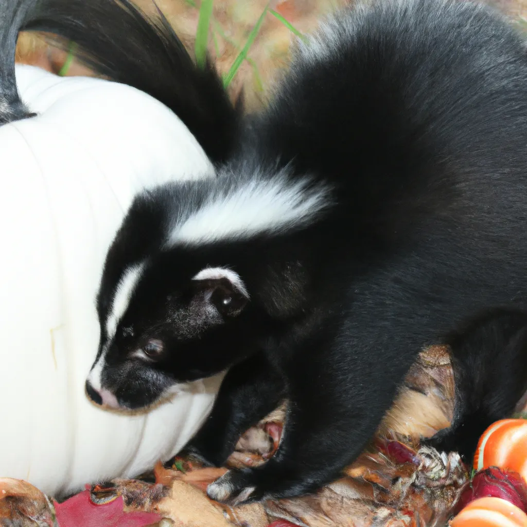 Prompt: skunk playing with pumpkin