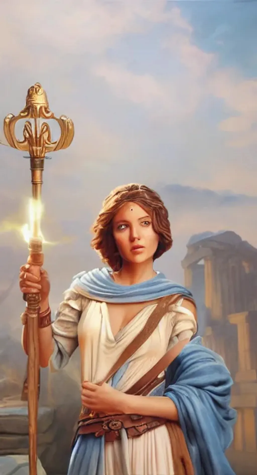 Prompt: a painting of a woman holding a torch, a statue, cgsociety, still image from the movie, greek mythology characters