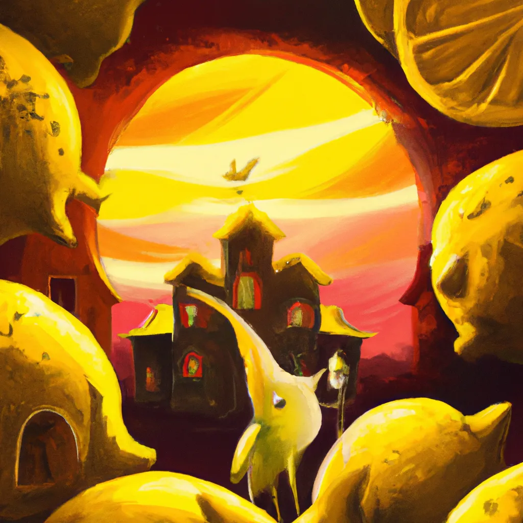 Prompt: a digital art painting of a lemon character in a lemon palace with lemon skies, beutiful and haunting lemon sunset, lemon birds, lemon horses, cinematic lights, detailed textures, warm colors, by Greg Rutkowski