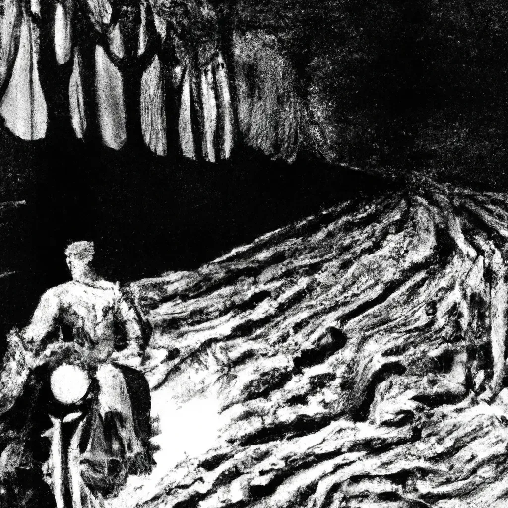 Prompt: black and white picture made of paper texture of T E Lawrence riding motorcycle in 1956 in england on dirt road by frank Frazetta created at contemporary in high resolution, with feeling of h r giger dark gloomy scared fright fear disgust --ar 3:4 --s 40000

