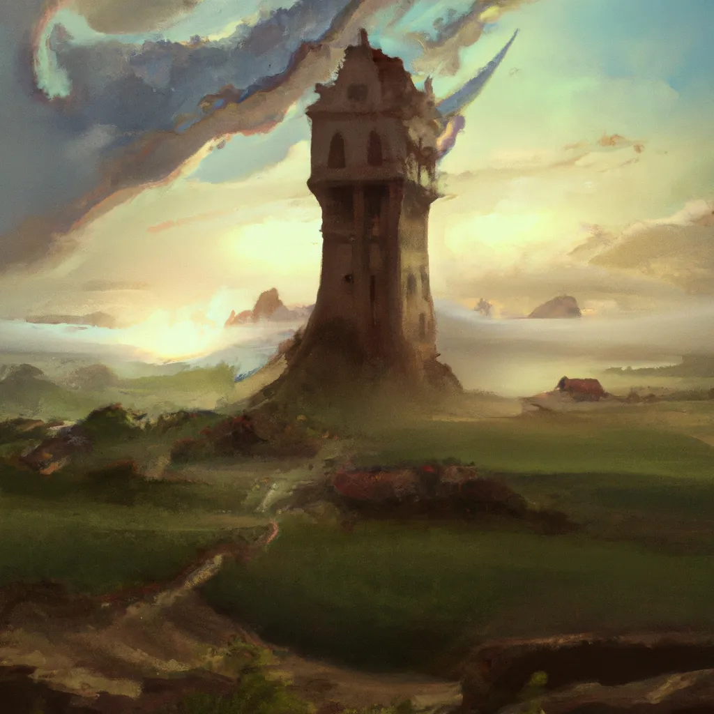 Prompt: a painting of a tower in the middle of a field, a detailed matte painting by Kaja Foglio, deviantart contest winner, fantasy art, fantasy, matte painting, storybook illustration