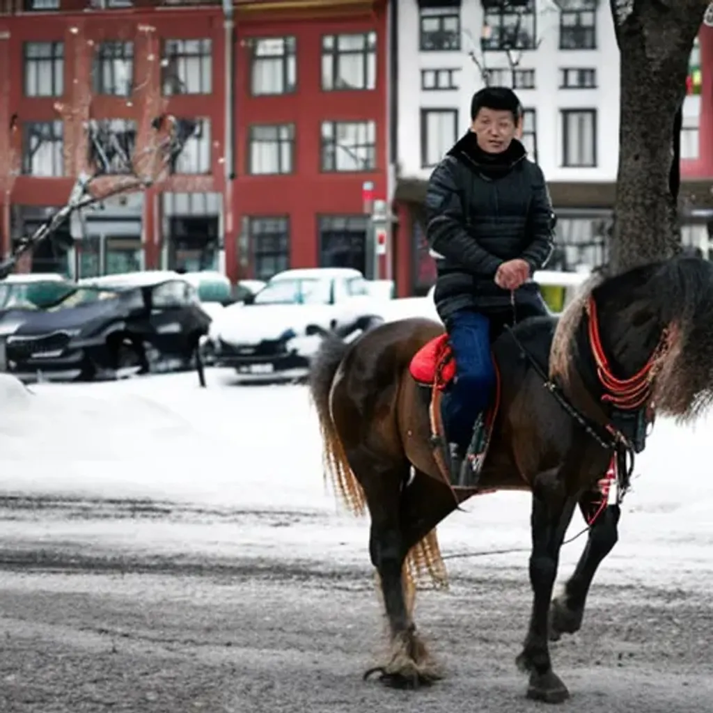 Prompt: Chinese dude riding horse in Sweden