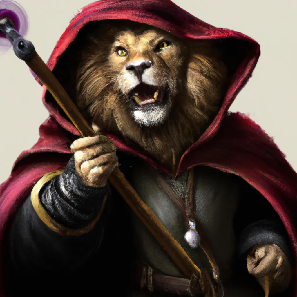 Prompt: a high detail portrait commission of a lion wizard with a staff in one hand and a magic glow in the other while his burgundy robe hides part of his head partially hidden by a hooded cloak. his mouth is open and teeth sharp in a roar. leaning forward running towards left.  leather belt Victorian clothing medieval garb leonin lion