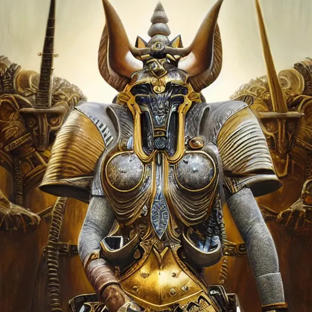 Prompt: Panoramic view of A majestic fearless Anubis warrior in armor and golden horned mask, steampunk, porcelain, 8K, Hdr, Fantasy, extreme details, high resolution, Sharp focus, space warrior, DG Dn, Metalicism by Naoto Hattori, Zdzislaw Beksinski